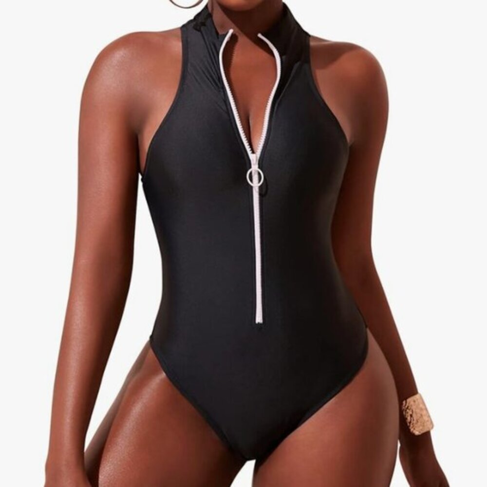 DixPerfect Black Racerback High Neck One Piece Zipper Swimsuit, Size M